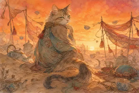 a tea-house cat perched atop a low dune at dawn, body curled away then turning i - AI生成图片 3