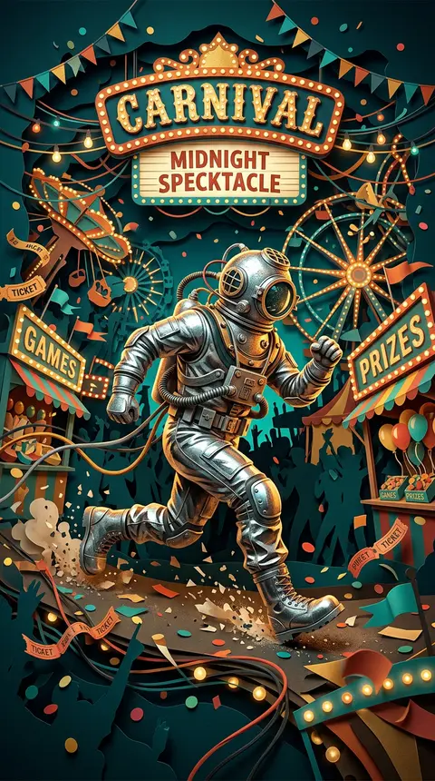 Editorial fashion tableau of a helmeted deep-sea diver sprinting through a midni - AI生成图片 1