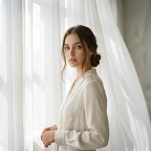 A beautiful 23-year-old woman with luminous ivory skin, gray-green eyes, natural - AI生成图片 1