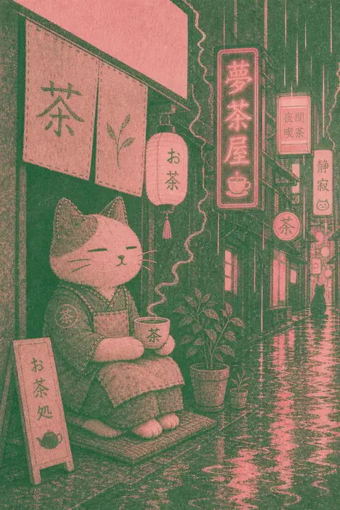 A serene tea-house cat stitched from soft felt, perched in a rain-slick back all - AI生成图片 1