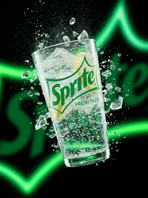 A transparent cup filled with fresh Sprite lemon soda floating in the air, surro - AI生成图片 2