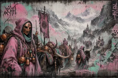 A melancholic desert caravan of cloaked wanderers winding through a fog-choked a - AI生成图片 1