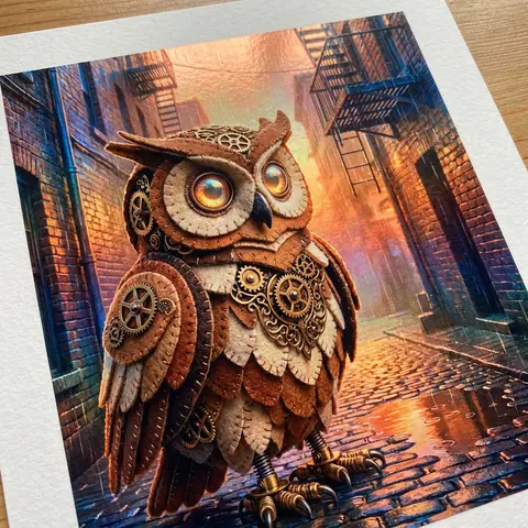 A clockwork owl assembled from layered soft felt panels and delicate brass gears - AI生成图片 2