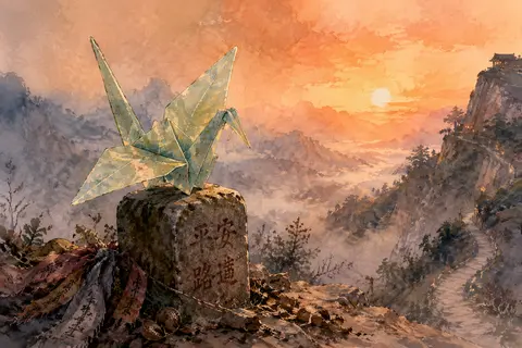 a living origami paper crane perched on a weathered milestone along a fog-shroud - AI生成图片 1