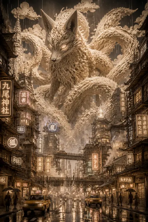 masterpiece, best quality, monumental fantasy scene, a colossal nine-tailed fox - AI生成图片 3