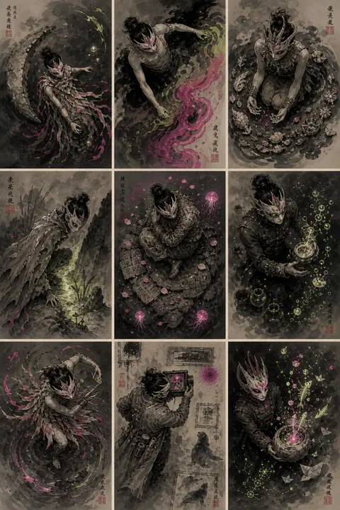 A refined 3x3 art grid in traditional ink wash painting, each panel showing the - AI生成图片 1