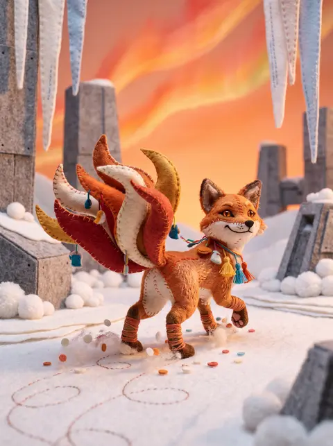 A whimsical nine-tailed fox spirit sculpted from plush felt prances across a fro - AI生成图片 3