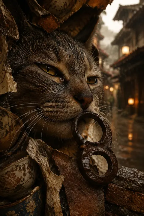 Extreme macro surrealist photo-collage of an elegant tea-house cat with rain-dar - AI生成图片 2