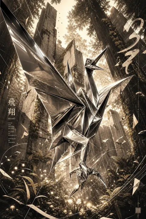 A jubilant living origami crane forged from polished chrome, wings flared wide a - AI生成图片 2