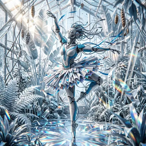 A hyper-dynamic robotic ballet dancer mid-whirl inside a blazing glasshouse, lim - AI生成图片 1