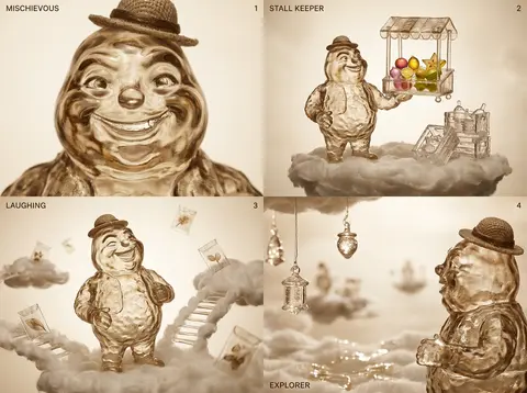 claymation stop-motion collage of a playful market fruit vendor on floating sky - AI生成图片 1