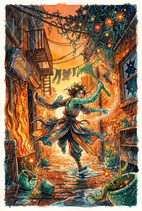 在暴雨冲刷的狭窄后巷里，一位天穹园丁正踩着积水飞奔，挥动刻满古老纹路的 carved jade 星耙，将一串串燃烧的微型星体从倾斜的夜空藤架上修剪、移栽、抛洒； - AI生成图片 2