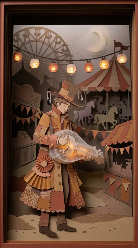 A solitary wandering street musician stands beneath midnight carnival lanterns, - AI生成图片 1