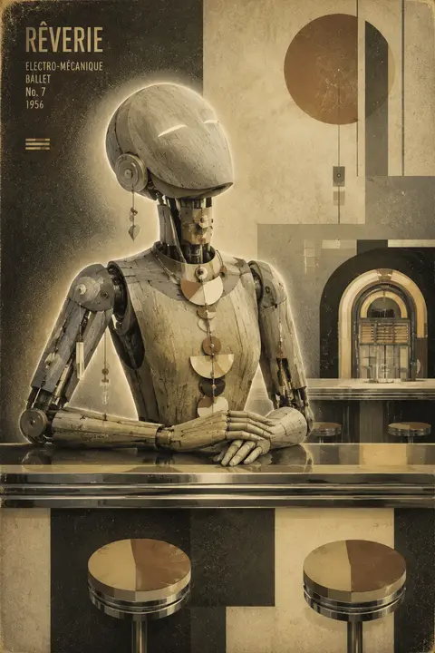 grainy bauhaus geometric poster, a robotic ballet dancer posed behind the chrome - AI生成图片 1
