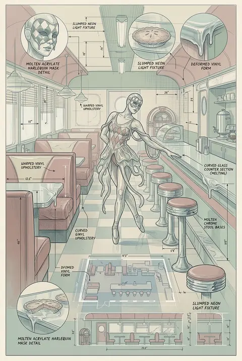 A wistful blueprint-style scene inside a 1950s chrome diner, centered on a maske - AI生成图片 2