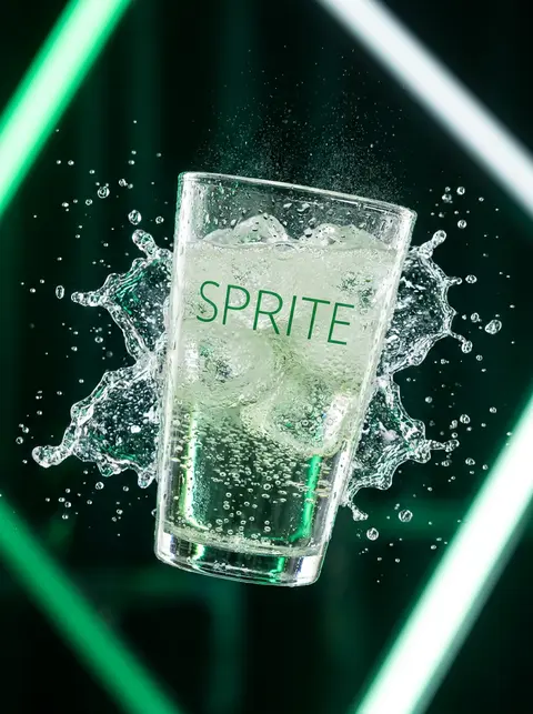 A transparent cup filled with fresh Sprite lemon soda floating in the air, surro - AI生成图片 3