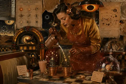 Surrealist photo collage advertising tableau of a celestial horticulturist in a - AI生成图片 2