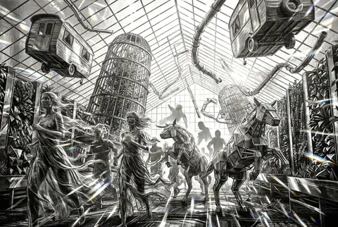 A turbulent procession of desert nomads storms through the interior of a colossa - AI生成图片 4