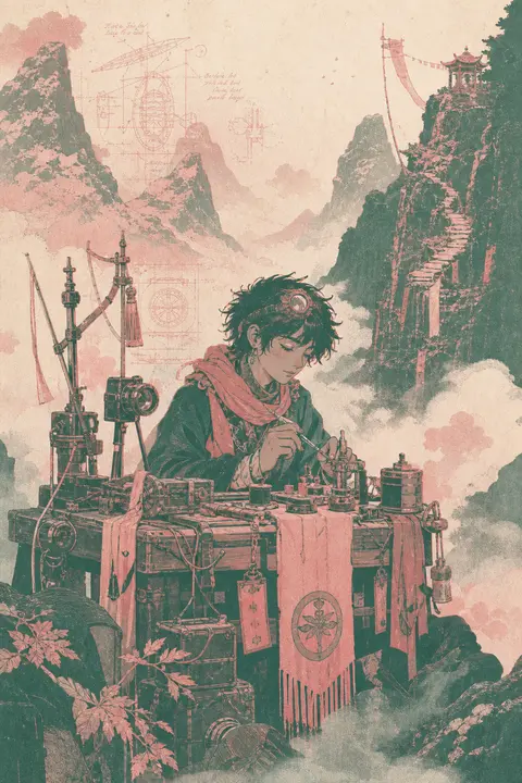 young tinkering inventor in a fog-shrouded mountain pass, woven silk tools and i - AI生成图片 1