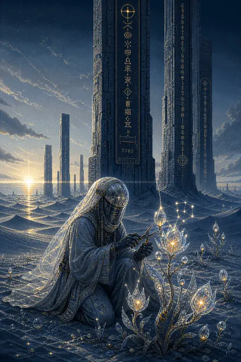 A lone celestial horticulturist in a flowing pressure-veil robe kneels among win - AI生成图片 2
