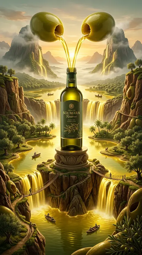Epic surreal advertising artwork of a premium `Solmara Reserve` olive oil bottle - AI生成图片 1