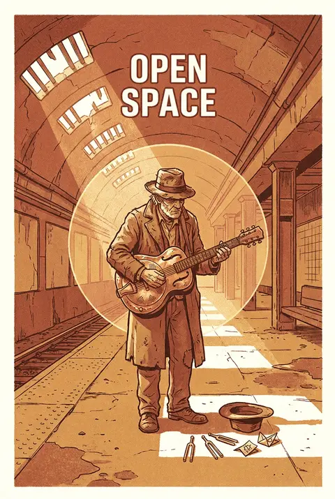 a wandering street musician standing alone on an abandoned subway platform, batt - AI生成图片 1