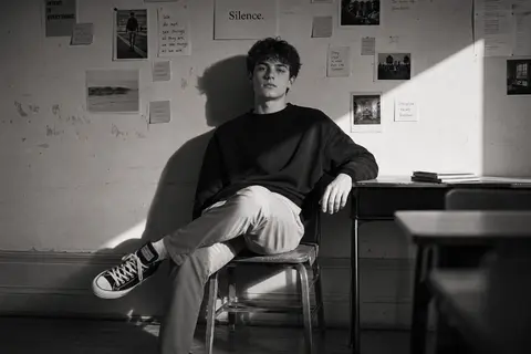Create a high-contrast black-and-white cinematic portrait in a quiet classroom, - AI生成图片 3
