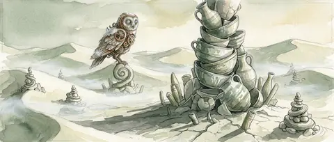 a clockwork owl perched on a sagging tower of wet clay relics in a dawn desert, - AI生成图片 2