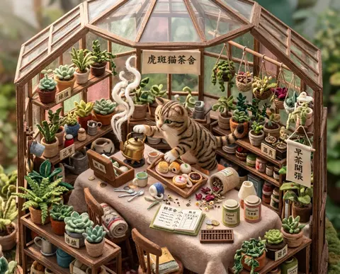 等距微缩场景，一只掌管茶舍的虎斑猫在通透温室中央的软毡长桌上掀起忙乱晨间仪式：前爪同时拨动小铜壶、倾倒花草茶罐、踩乱点心托盘，茶蒸汽像卷曲丝带冲上玻璃穹顶；四周 - AI生成图片 1