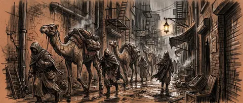 A tense cinematic charcoal sketch of a desert nomad caravan forced into a rain-l - AI生成图片 1