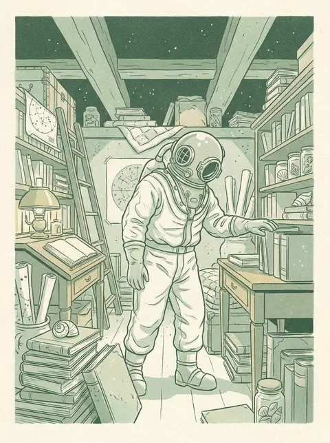 an atmospheric risograph two-tone print of a deep-sea diver pausing in a cozy cl - AI生成图片 3