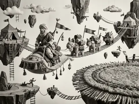 A whimsical surrealist photo collage of a desert nomad caravan drifting between - AI生成图片 2