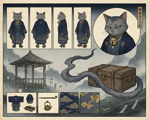 official character concept sheet of a tea-house cat spirit, mournful yet dignifi - AI生成图片 4