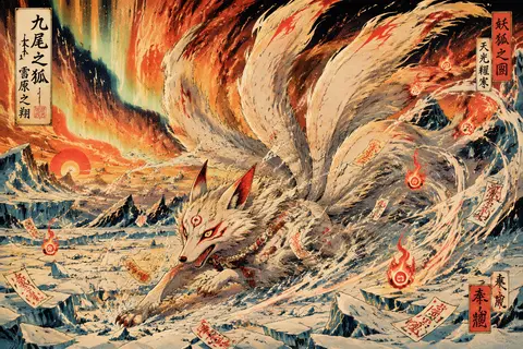 A chaotic ukiyo-e woodblock print of a mythical nine-tailed fox spirit dashing a - AI生成图片 2
