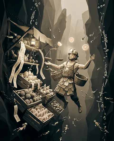 Vertical composition, a whirlwind produce stall suspended at the floor of a ligh - AI生成图片 1