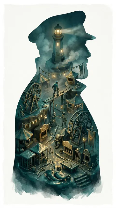 A tense, cinematic isometric miniature poster of a solitary lighthouse keeper re - AI生成图片 2