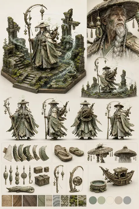 official character concept sheet for a dreamlike ranged guardian, centered on an - AI生成图片 1