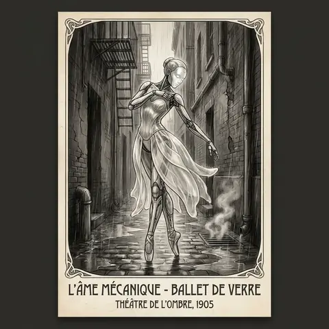 An intimate, quiet art nouveau poster of a solitary robotic ballet dancer paused - AI生成图片 1