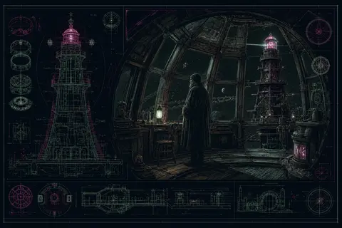 Orbital survival log rendered as a blueprint schematic: a melancholic lighthouse - AI生成图片 1