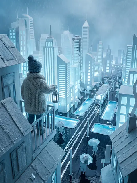 A solitary lighthouse keeper in a knitted wool coat stands on a floating balcony - AI生成图片 2