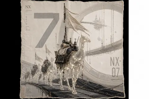 一幅超现实静谧的竖版宣传画，4:5 构图，整体以骨白底色与深炭灰单色体系呈现，像悬浮在真空中的高级手工挂毯：一支沙海游 caravan 被彻底重塑为穿行轨道环站 - AI生成图片 2