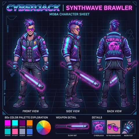Synthwave BrawlerCreate a detailed character sheet of a Synthwave Retro Brawler - AI生成图片 4