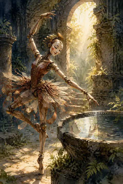 A jubilant robotic ballet dancer poised mid-pirouette in ancient moss-covered te - AI生成图片 2