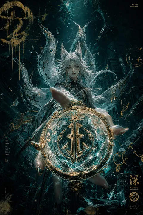 一只神话般的九尾狐灵，化作雌雄莫辨的深渊使者，悬浮在海底无光裂谷中央，身形修长而优雅，半透明霜晶质感的皮毛与尾翼像结霜宝石般折射微弱冷光，九条尾巴在水中缓慢展开 - AI生成图片 2
