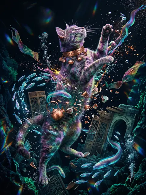 Vertical double-exposure poster of a feral tea-house cat mid-pounce, whiskers fl - AI生成图片 1