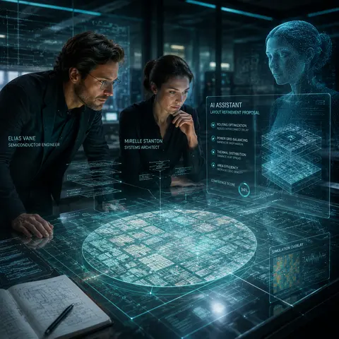 High-end editorial tech illustration of semiconductor engineer Elias Vane and sy - AI生成图片 2