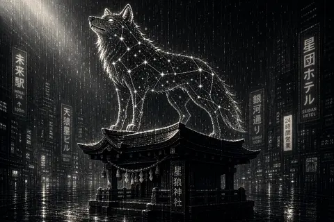 a wolf made of constellations standing atop a lacquered wood transit shrine in a - AI生成图片 1