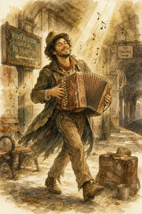 watercolor storybook illustration of a wandering street musician on an abandoned - AI生成图片 1