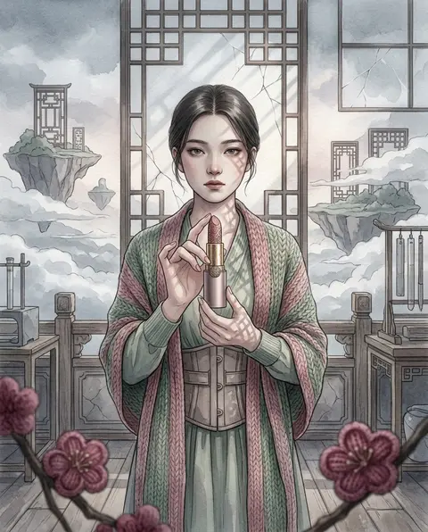 水彩故事书质感的悬浮天岛美妆广告，一位年轻女发明家立于层叠云海之间的空中工坊露台，身着鼠尾草绿与灰粉交织的针织披肩与工具束腰，指尖托起一支虚构品牌的东方雕艺唇膏 - AI生成图片 2
