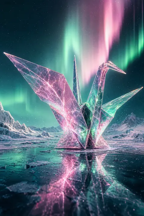 A tense cinematic holographic foil print of an origami paper crane come alive ab - AI生成图片 2